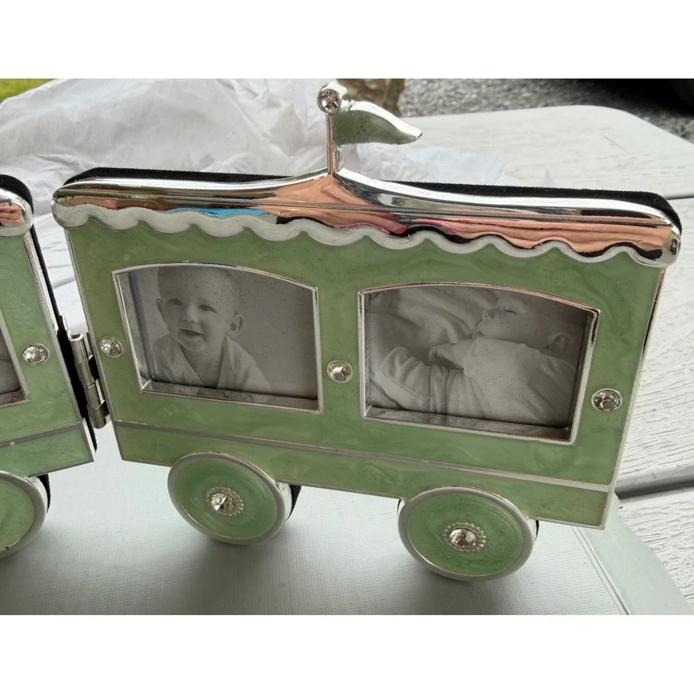 Things Remembered Baby Train Picture Frame Mint Green Silver Enamel 5 Openings